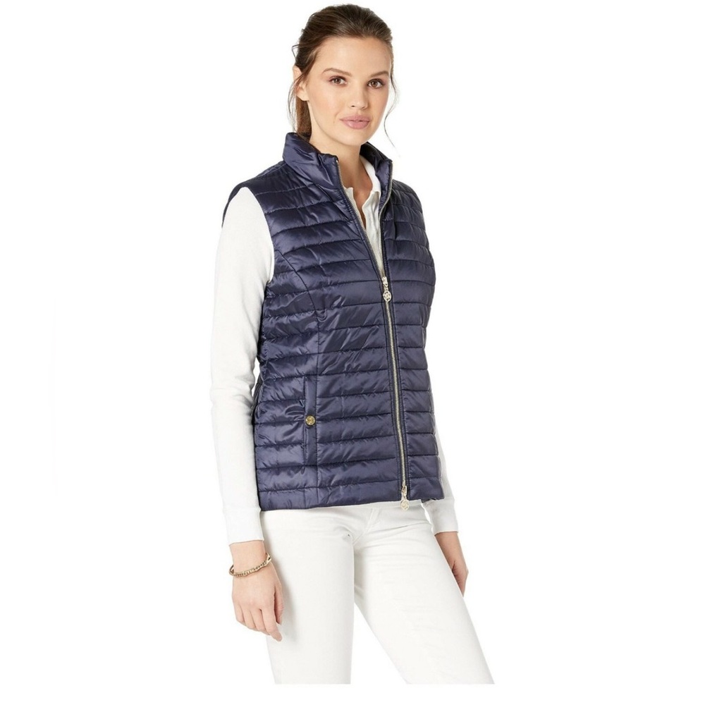 Lilly Pulitzer Women’s Puffer Vest Medium Navy Blue Down Zip Floral Lining